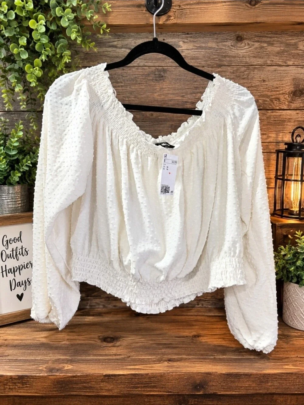 H&M Cream Smocked Swiss Dot Peasant Blouse